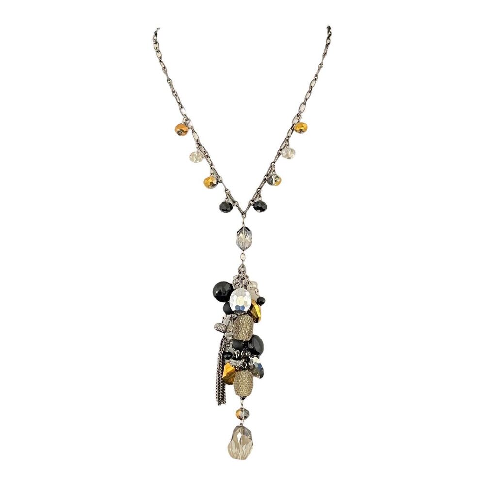 New Statement Necklace Tassel Hematite Tone  Bead Black Gold Boho - 4C
